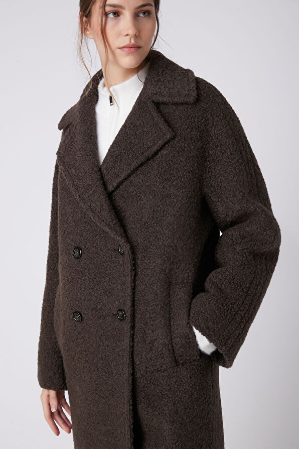 Beymen Club Brown Shearling Double-Breasted Wool Coat - 2