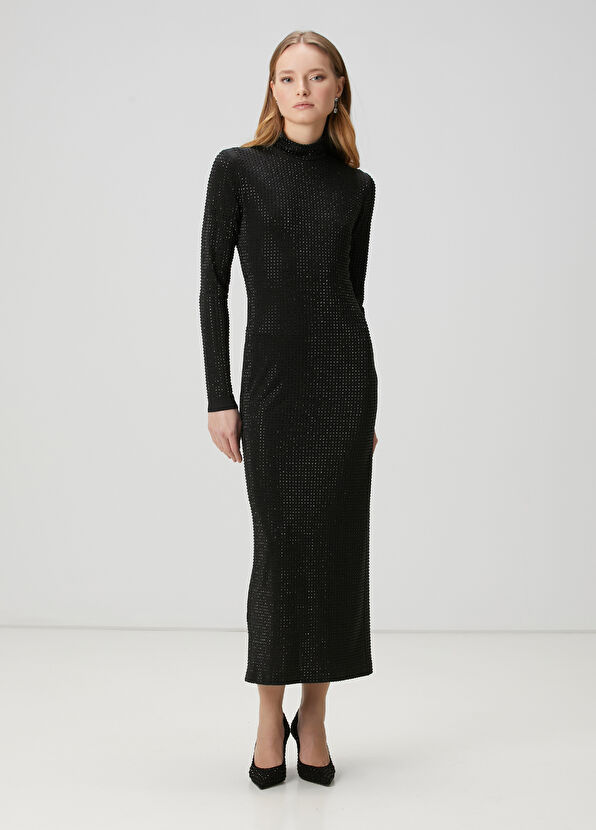 Beymen Club Siyah Taşlı Midi Kokteyl Elbise - 4