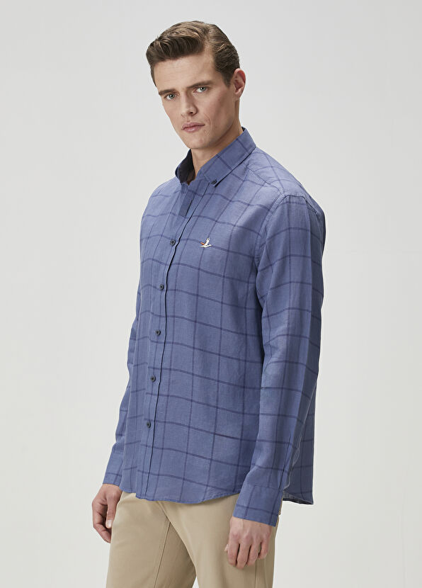 Beymen Club Comfort Fit Indigo Ekose Desenli Keten Gömlek - 4