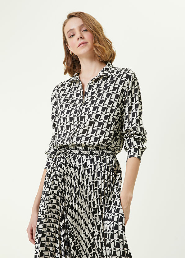 Beymen Club Siyah Beyaz Monogram Desenli İpek Twill Gömlek - 1