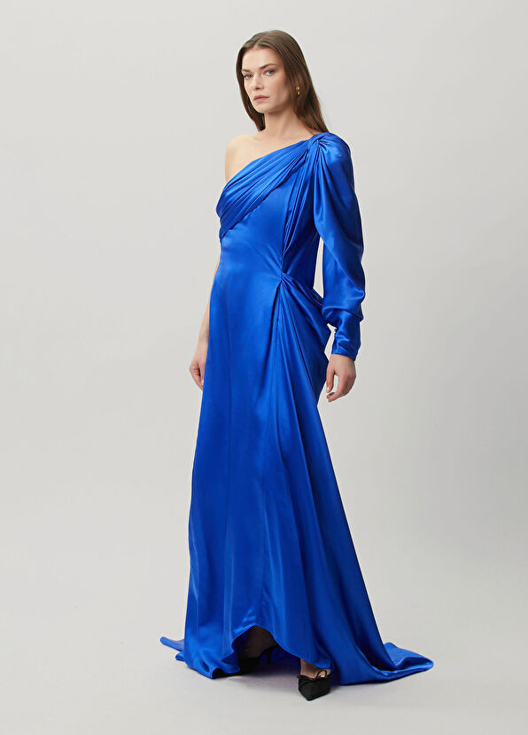 Valentino Sax Blue Maxi Silk Satin Evening Dress - 2