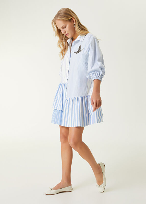 Beymen Club Mavi Beyaz Çizgi Desenli Mini Gömlek Elbise - 3