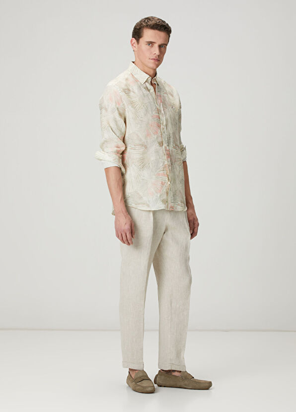 Beymen Club Comfort Fit Yeşil Yaprak Desenli Keten Gömlek - 3