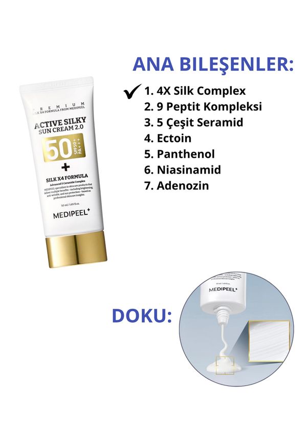 MEDIPEEL Active Silky Sun Cream 2.0 SPF50+ PA+++ Peptit ve İpek Kompleksi İçeren Güneş Kremi 50 ml  - 2
