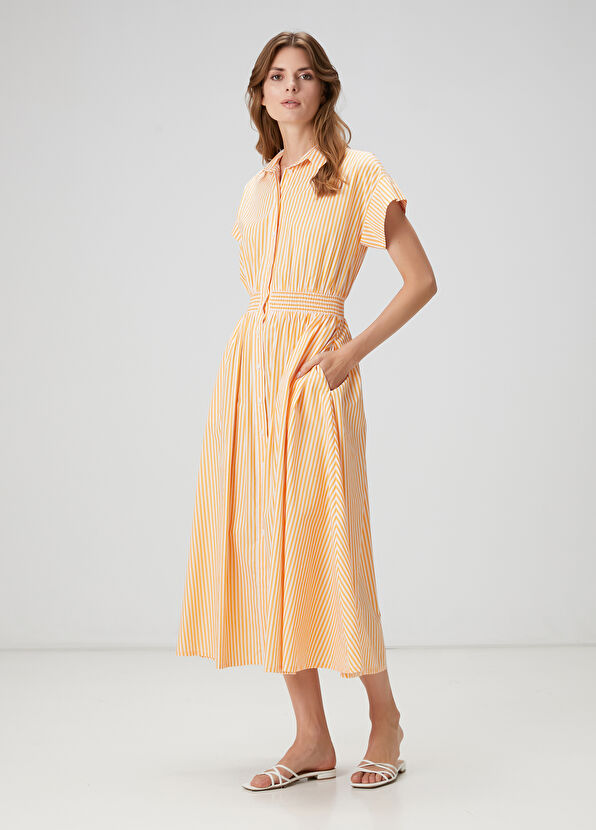 Beymen Club Turuncu Beyaz Çizgili Midi Gömlek Elbise - 1