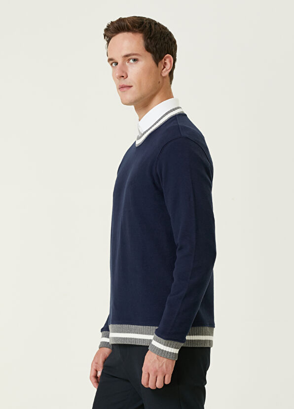 Beymen Club Navy Blue Collar Ribbed Sweatshirt - 4
