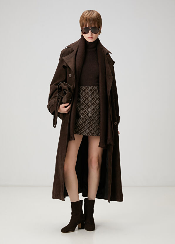 Beymen Club Dark Brown Logo Patterned Mini Leather Skirt - 2