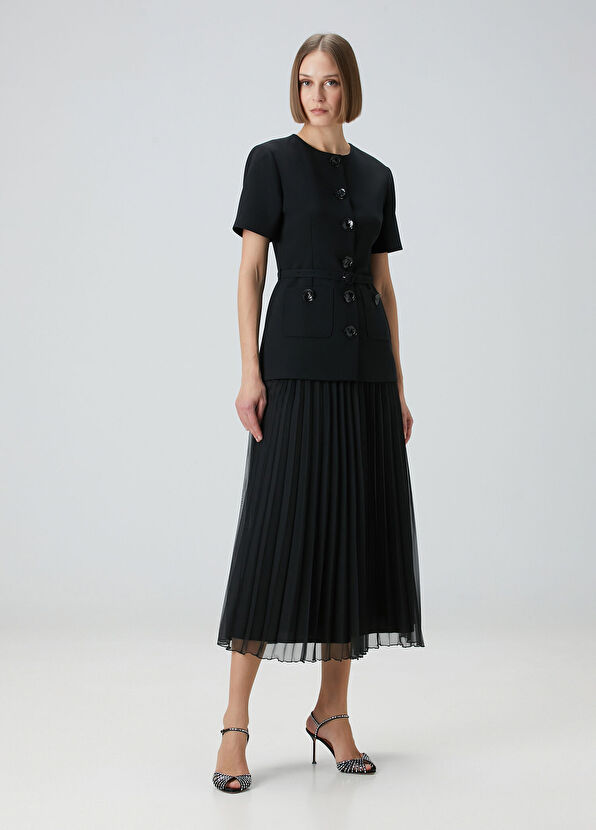 Siyah Çiçek Düğmeli Midi Elbise - Görsel 3