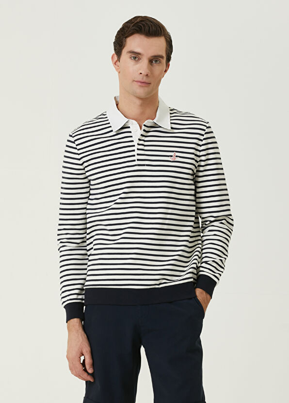 Beymen Club Navy Blue White Marine Striped Polo Sweatshirt - 2