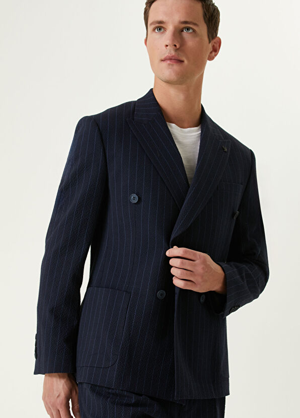 Beymen Club Lacivert Çizgili Gofreli Kruvaze Takım Elbise - 2