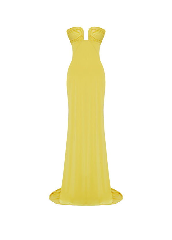 KLASSÉ Yellow Drape Detailed Jersey Women's Long Evening Dress - 1