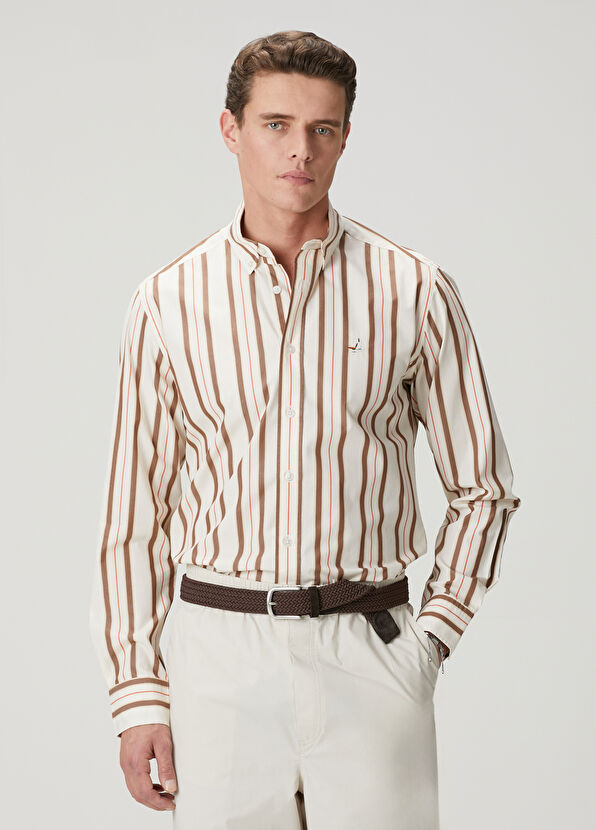 Beymen Club Comfort Fit Bej Kahverengi Çizgi Desenli Gömlek - 1