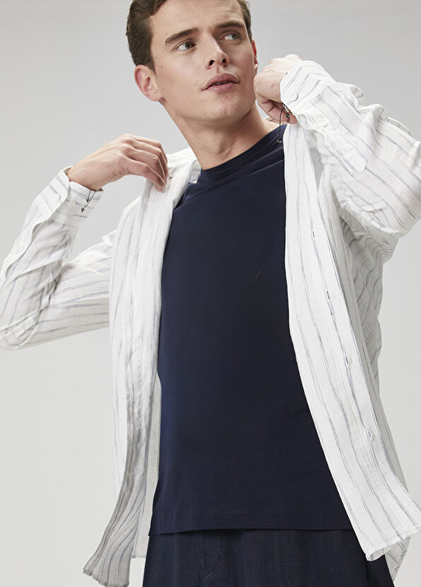 Beymen Club Comfort Fit White Line Patterned Linen Shirt - 1