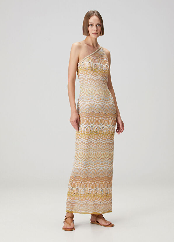 Gold Bej Tek Omuzlu Payetli Maksi Elbise - Görsel 2