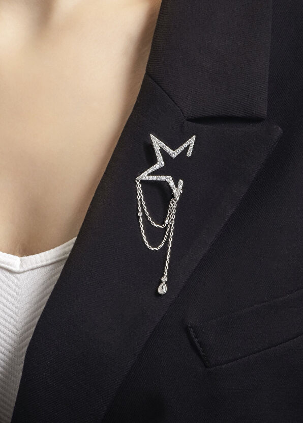 So Chic Cesaret Yıldızı 925 Ayar Gümüş 18 Ayar Beyaz Altın Kaplama Kadın Broş - 2