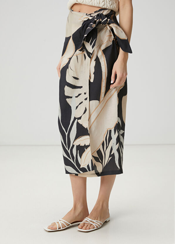 Beymen Club Siyah Ekru Desenli Midi Keten Etek - 4