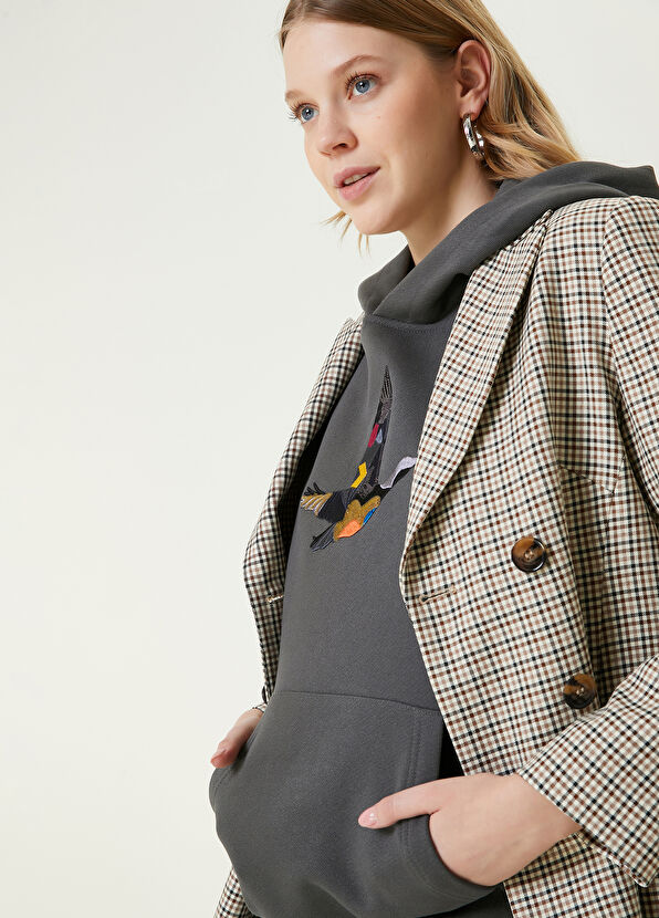 Beymen Club Antrasit Kapüşonlu Etnik Kuş Nakışlı Sweatshirt - 2