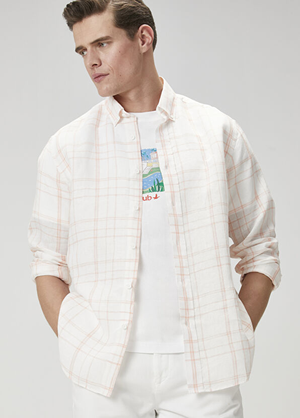 Beymen Club Comfort Fit Orange White Plaid Linen Shirt - 1