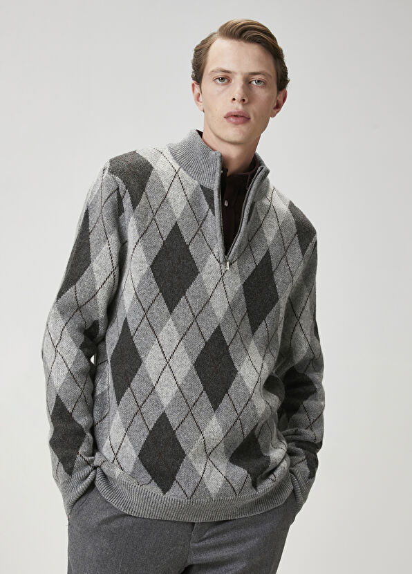 Beymen Club Grey Zipper Diamond Patterned Wool Sweater - 1