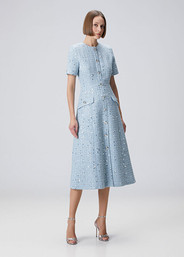 Mavi Payetli Midi Tweed Elbise - Görsel 4