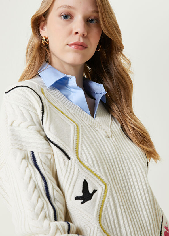 Beymen Club Ekru Nakışlı Yün Kazak - 2