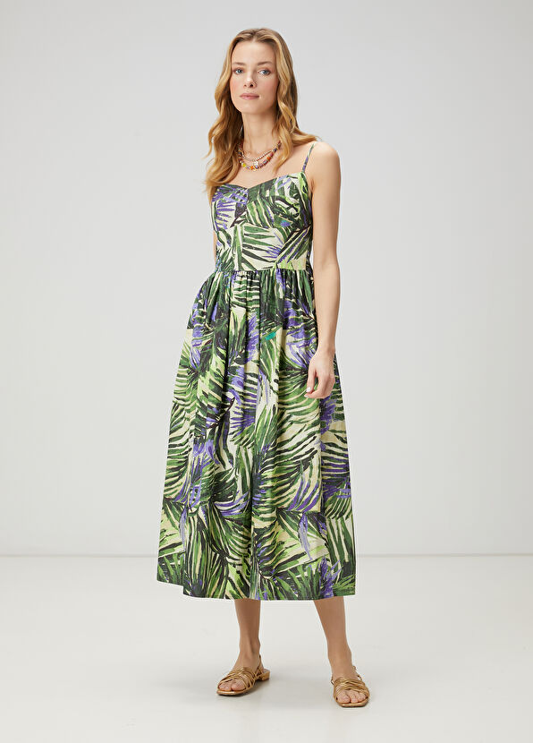 Beymen Club Yeşil Palmiye Desenli Midi Poplin Elbise - 4