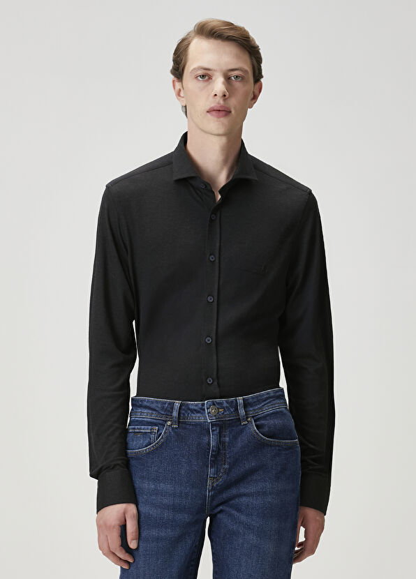 Beymen Club Slim Fit Siyah Flanel Görünümlü Örme Gömlek - 2