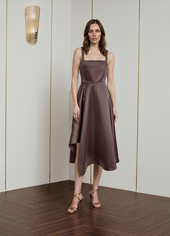 Kahverengi Midi Kokteyl Elbise - Görsel 2