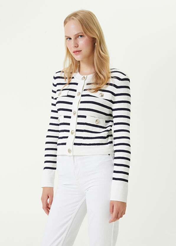Beymen Club Navy White Striped Cardigan with Pocket Detail - 4