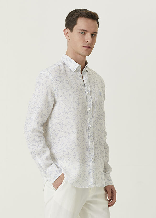 Beymen Club Comfort Fit Blue White Leaf Patterned Linen Shirt - 4