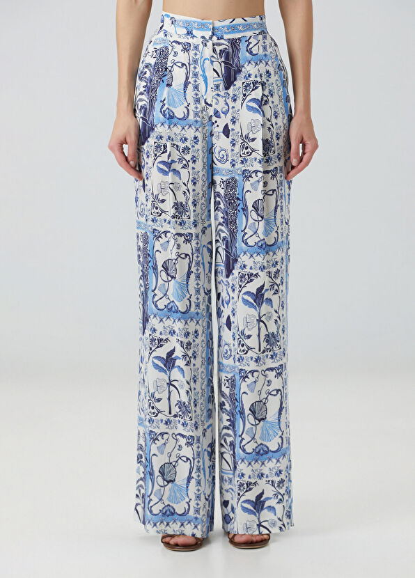 Beymen Collection Navy Blue White Patterned Silk Trousers - 2