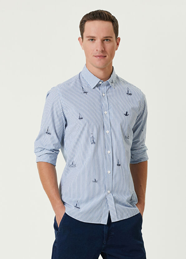 Beymen Club Slim Fit Blue Striped Embroidery Pattern Shirt - 1