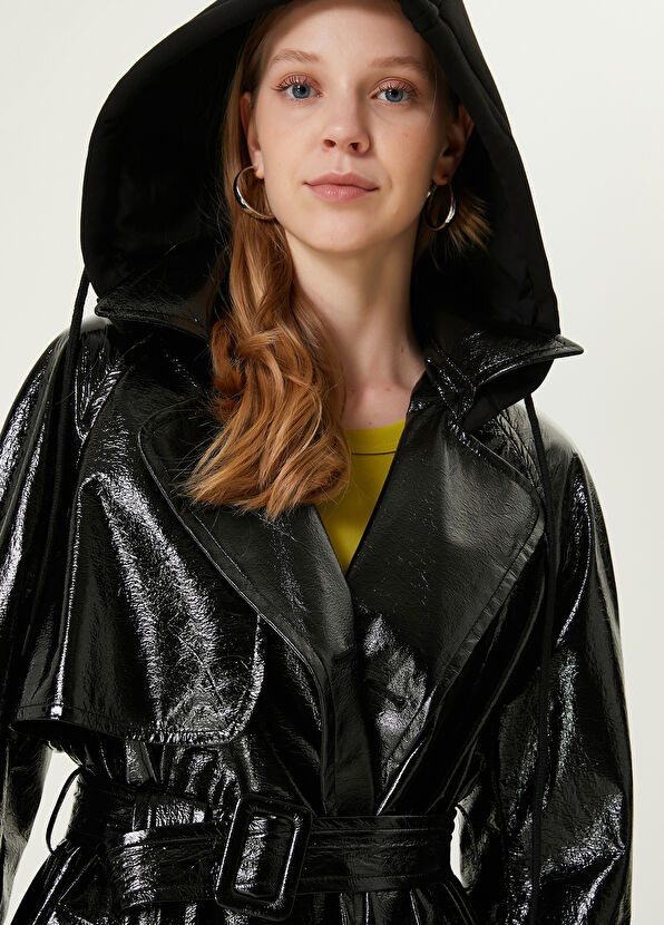 Beymen Club Black Jersey Hooded Patent Trench Coat - 4