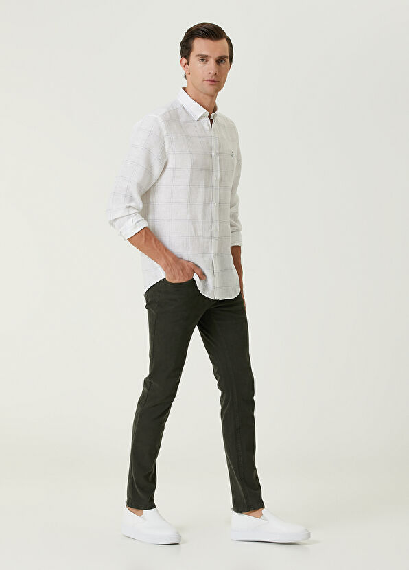 Beymen Club Comfort Fit Blue White Plaid Patterned Linen Shirt - 3