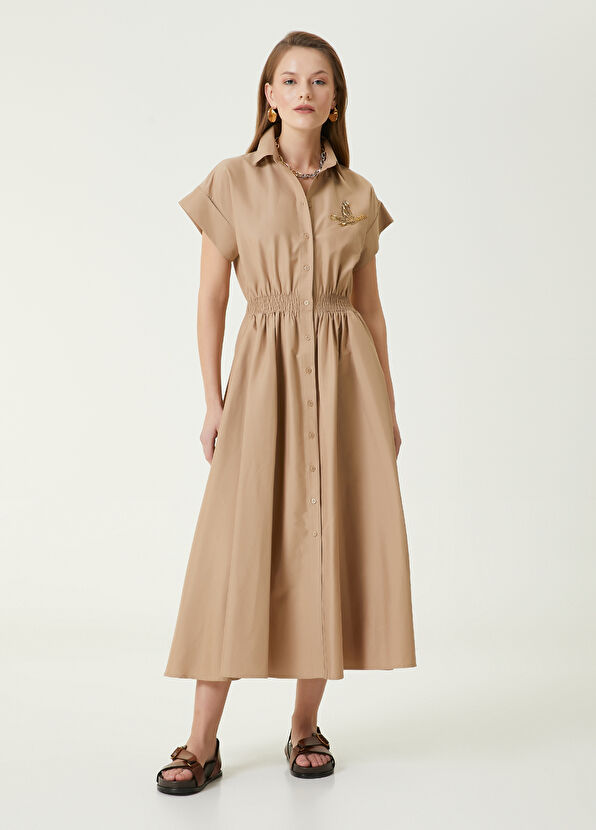 Beymen Club Bej Taşlı Kaz Logo Detaylı Uzun Gömlek Elbise - 1