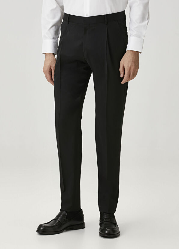 Siyah Pileli Yün Pantolon - Görsel 3