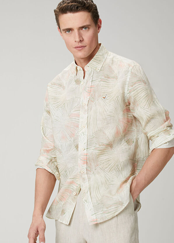 Beymen Club Comfort Fit Yeşil Yaprak Desenli Keten Gömlek - 2