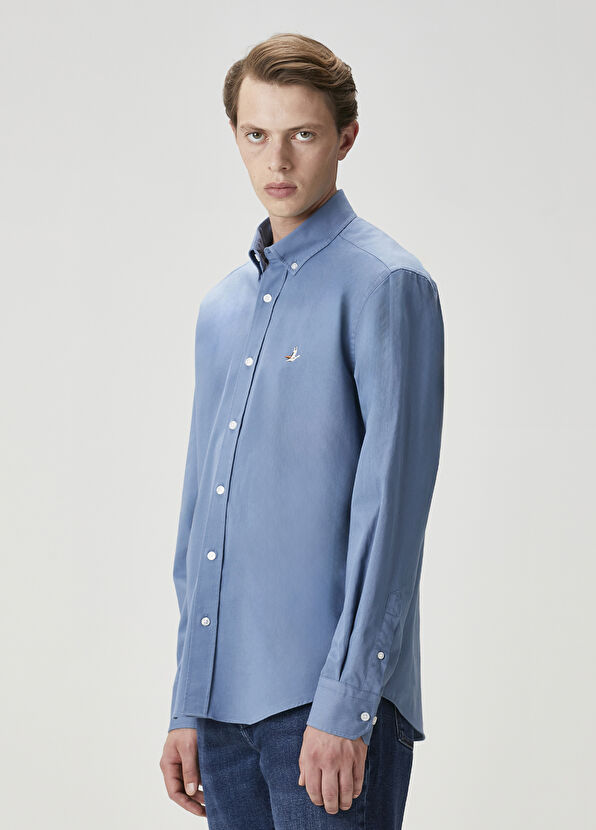 Beymen Club Comfort Fit Blue Gabardine Texture Shirt - 4