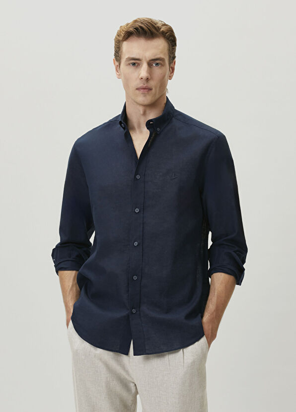 Beymen Club Comfort Fit Navy Blue Linen Shirt - 2