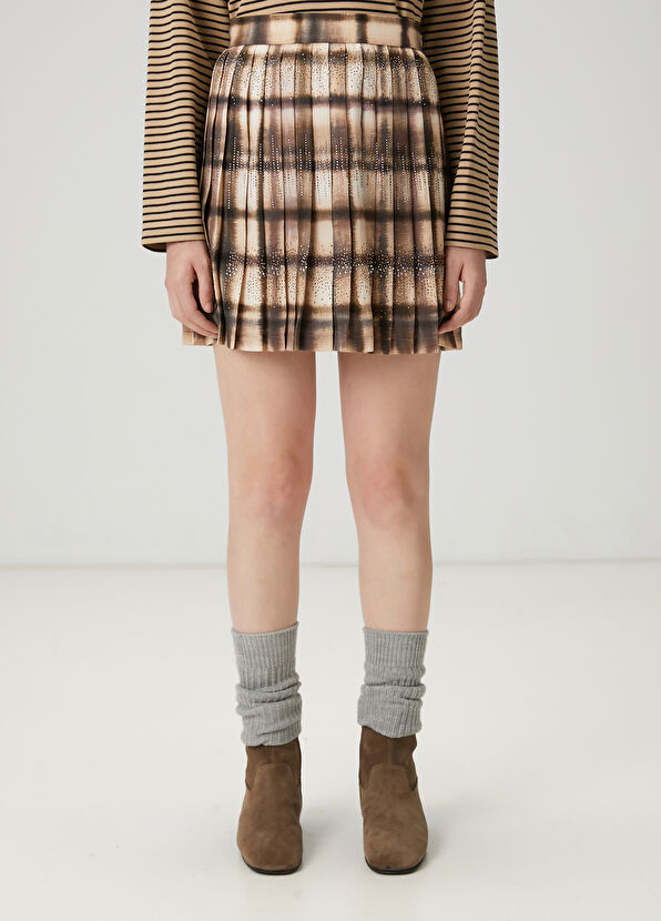 Beymen Club Koyu Bej Desenli Pileli Mini Etek - 2