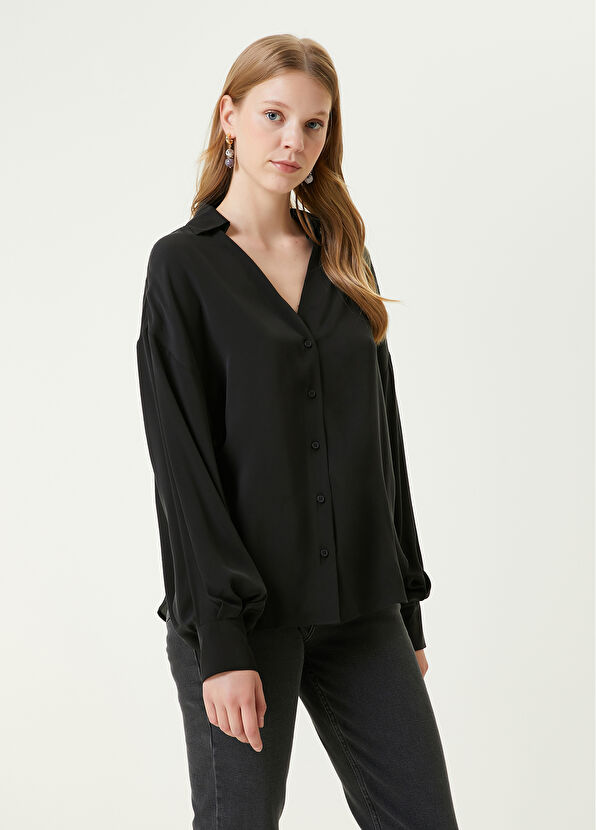 Beymen Club Siyah Kaçık Yaka Twill İpek Gömlek - 1