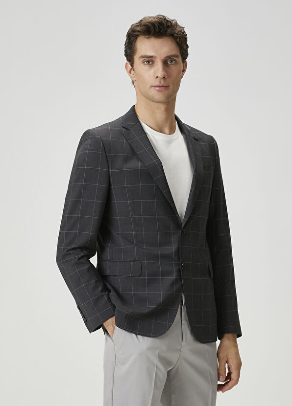 Beymen Club Anthracite Plaid Pattern Wool Jacket - 3