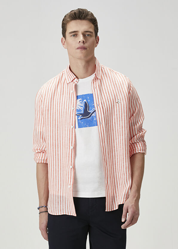 Beymen Club Comfort Fit Turuncu Çizgi Desenli Keten Gömlek - 1