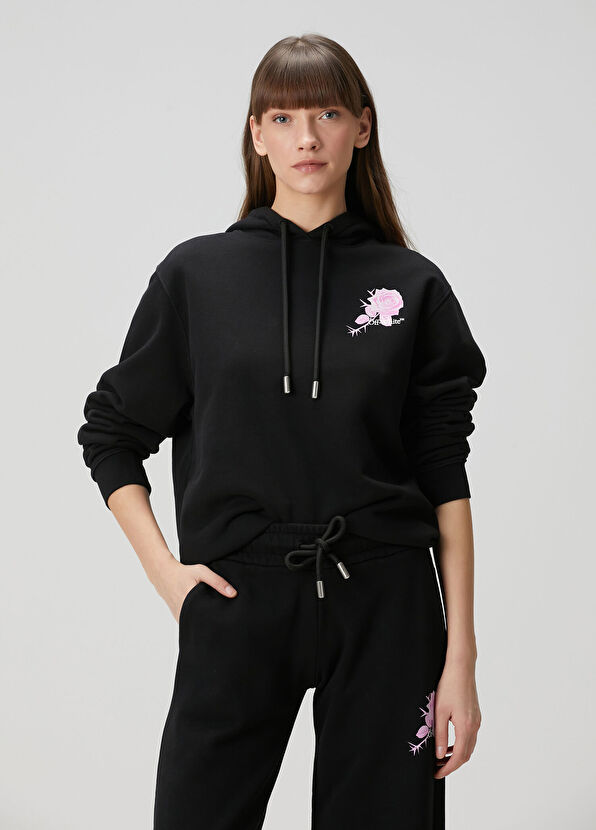 Off-White Siyah Beyaz Kapüşonlu Logolu Sweatshirt - 1