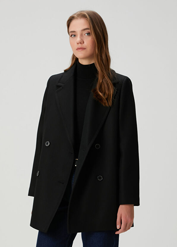 Siyah Kruvaze Yün Kaşe Kaban - Görsel 3