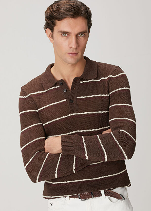 Beymen Club Brown Striped Cotton Polo Sweater - 2