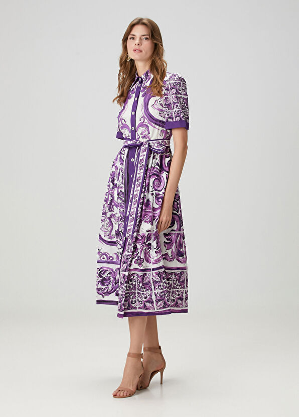 Majolica Mor Midi Poplin Gömlek Elbise - Görsel 4