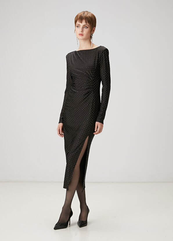 Beymen Club Siyah Taşlı Midi Kokteyl Elbise - 4