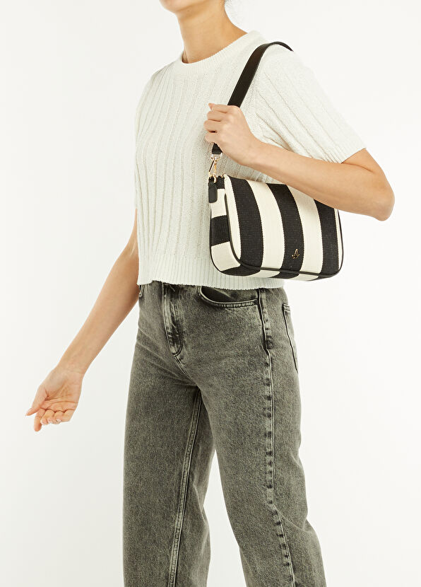 Beymen Club Siyah Beyaz Kadın Keten Omuz Çantası - 2