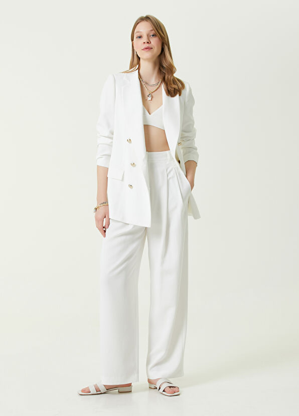 Beymen Club Beyaz Çift Pilili Krep Palazzo Pantolon - 1